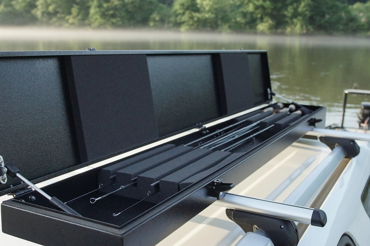 Open Toccoa Rod Box mounted on a vehicle by a river